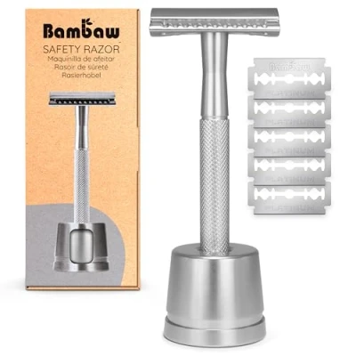 Afbeelding van Metalen Veiligheidsscheermes met Stand Zilver Nat Scheren voor Mannen &amp; Vrouwen Geschikt Alle Double Edge Mesjes Safety Razor Milieuvriendelijk Scheermes Bambaw