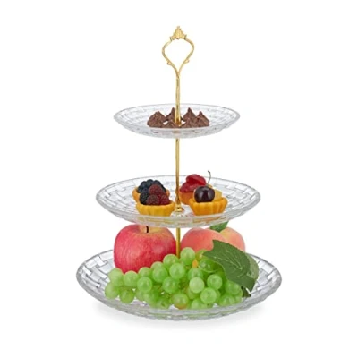 Afbeelding van Relaxdays etagere glas serveerschaal 3 laags Serveerplateau doorzichtig/goud