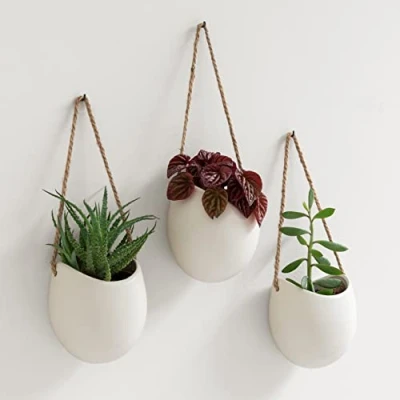 Afbeelding van Wandvazen, hangende keramische bloempotten, 3 delig, wanddecoratie voor kamer, balkon en tuin, crème (mat)