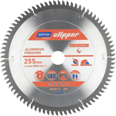 Afbeelding van Norton Clipper Aluminium Verstekzaagblad TCG Neg 255mm 80 tanden Voor Cirkelzagen en Afkortzagen