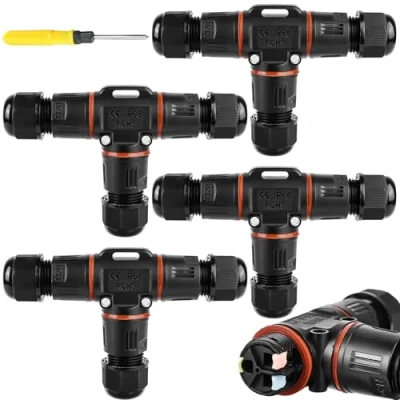 Afbeelding van Set van 4 IP68 waterdichte 3 polige kabelverbinders, T vorm, waterdicht, polig, voor kabel met een diameter tot 12 mm, 2 weg aansluitdoos, tuin, buiten