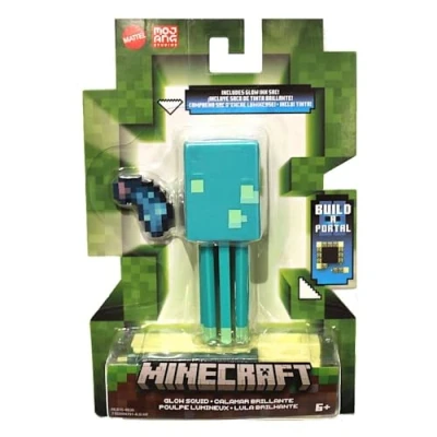 Afbeelding van Mattel Glow Squid Minecraft Inktvisfiguur met papieren kubussen om te bouwen, glanzend blauw, S (HLB16)