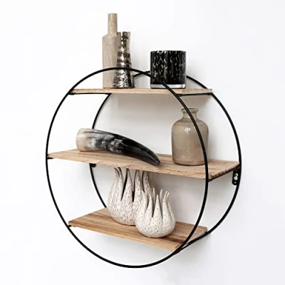 Afbeelding van Zwart metalen wandrek industrieel met 3 houten plankjes Rond 50x19 cm