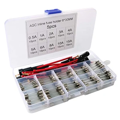 Afbeelding van Gebildet 5 stuks 6 x 30 mm AGC inline zekeringhouders schroeftype met draad 16 AWG + 100 glazen zekeringen snel schot voor auto (0,5 A, 1 2 3 4 8 10