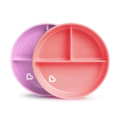Image de Munchkin Assiettes à Compartiments Stay Put, d’Apprentissage Enfant avec Ventouse, Bol pour Bébés dès 6 mois, Vaisselle Bébé sans BPA Rose/Violet, Lot de 2