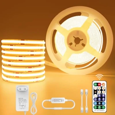 Afbeelding van Öuesen COB Ledstrip, 5 m, warmwit, 24 V, dimbaar, zelfklevend, IP44 waterdicht, met afstandsbediening en voeding, voor keukenkelder, 3000 K