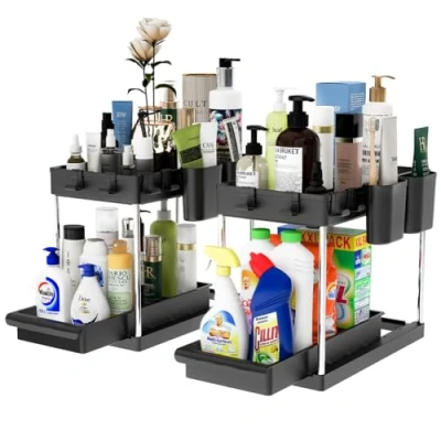Afbeelding van BAKAJI Set van 2 kelderorganizers voor badkamer en keuken met uittrekbare lade, mandplank, planken, uitneembaar opbergrek (zwart)