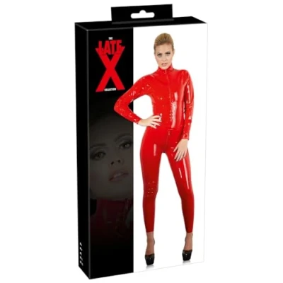 Afbeelding van LateX Erotische Bondage Catsuit met Rits Sluiting bij Borsten en Kruis Spanning Verzekerd Maat M Rood