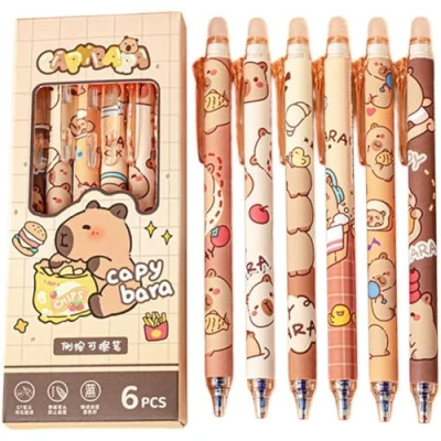 Afbeelding van 12 stuks schattige uitwisbare intrekbare pennen, gelpennen, cartoon Capibara blauwe inkt pen met fijne punt, tekenpennen