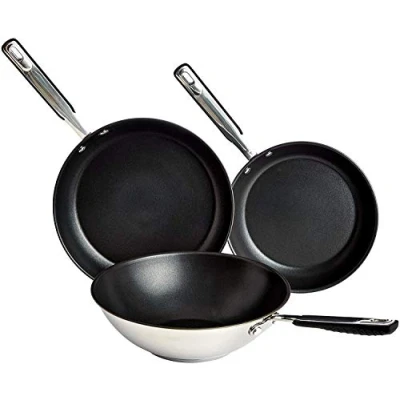 Afbeelding van Amazon Basics Braadpannenset, 3 delig, inductie, anti aanbaklaag, roestvrij staal, met zachte grip