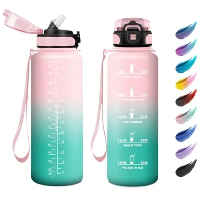 Afbeelding van Gourde de sport avec paille, 1,5L, bouteille d&#039;eau indicateur temps pour adulte, salle sport, travail, randonnée