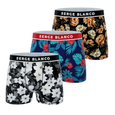 Afbeelding van Serge Blanco Boxershorts voor heren, bloem, herenonderbroek, microvezel, ademend en ultrazacht (3 stuks), blauw/rood/zwart/wit