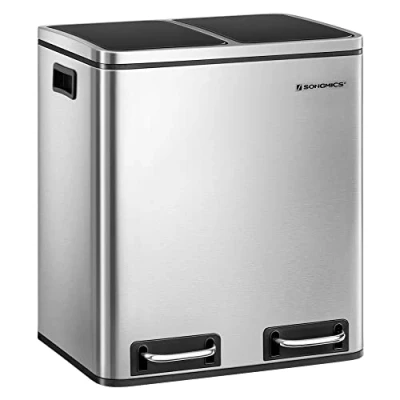 Afbeelding van SONGMICS afvalemmer voor de keuken, 30L, afvalscheiding, van metaal, pedaalemmer met binnenemmers en handgrepen, afvalscheidingssysteem, 2 x 15 liter, softclose, luchtdicht, rookgrijs LTB30GS