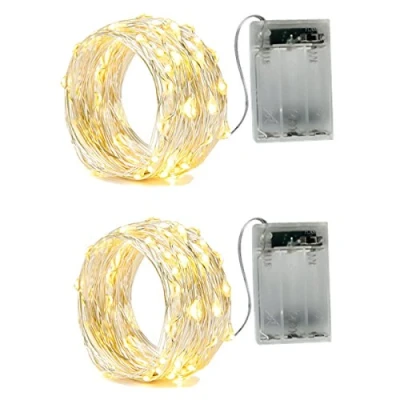 Afbeelding van 2 x 50 Micro LED lichtsnoer, werkt op AA batterij en programma&#039;s zilverdraad, voor feest, tuin, Kerstmis, Halloween, bruiloft, lichtdecoratie (5 meter, warmwit) [Energieklasse A+++]