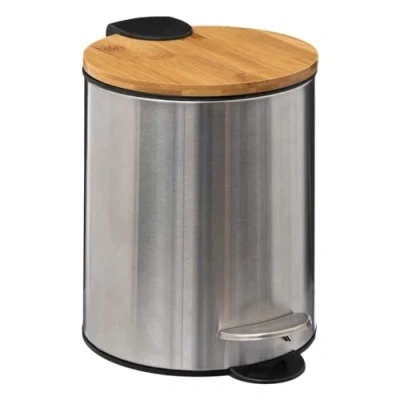 Afbeelding van 5Five Pedaalemmer zilver/bamboe metaal 3L 23 cm soft close voor badkamer en toilet