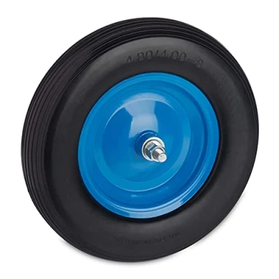 Afbeelding van Relaxdays kruiwagenwiel 4.80 4.00 8 rubberband met as antilek stalen velg zwart blauw