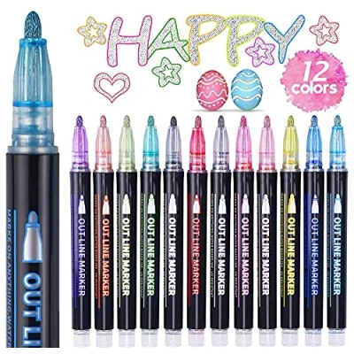 Afbeelding van ECtury Glitterstiften, magische pennen, eerste schooldag voor meisjes, cadeau, 12 kleuren, outline stiften, metallic glanzende toverstiften schilderen, scrapbooking, knutselen, schoolstart cadeaus van 4 jaar