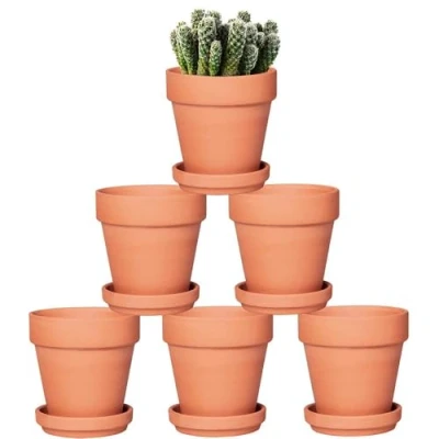 Afbeelding van vensovo Terra Cotta Bloempotten met onderzetter, 6 stuks, keramiek, 12,7 cm, ideaal voor planten, knutselen, huwelijksgeschenken