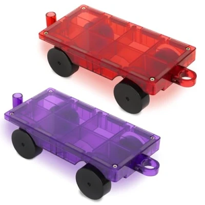 Afbeelding van Playmags Set van 2 auto&#039;s: sterke magneten, STEM speelgoed voor kinderen, gebruik met alle tegels en magneetblokken. Robuust, super duurzaam heldere kleurtegels. (Kleuren kunnen