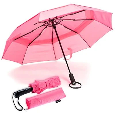 Afbeelding van Ergonauts Reisparaplu, dubbele bodem, winddicht, teflon coating, ergonomische handgreep en beschermhoes, opvouwbaar ontwerp, licht, compact hoge windbestendigheid, Roze, Eén maat, Taille unique