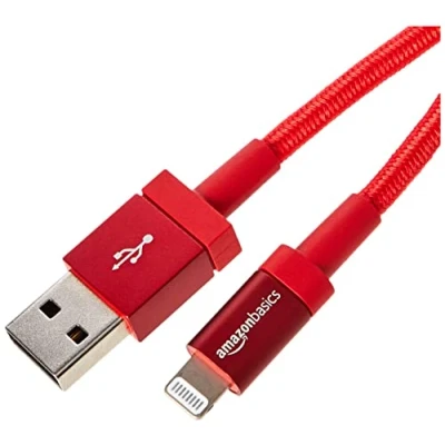 Afbeelding van Amazon Basics USB A naar Lightning verbindingskabel nylon gevlochten MFi gecertificeerd voor iPhone, rood, 1,8 m