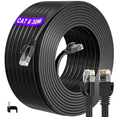 Afbeelding van Ethernet kabel, 30 m, RJ45 hoge snelheid, Cat 6, netwerkkabel, buiten, binnen, plat, 1000 Mbps, lange ethernetkabel, UTP, 250 MHz, waterdicht, LAN kabel voor router PS4/5 Switch (30