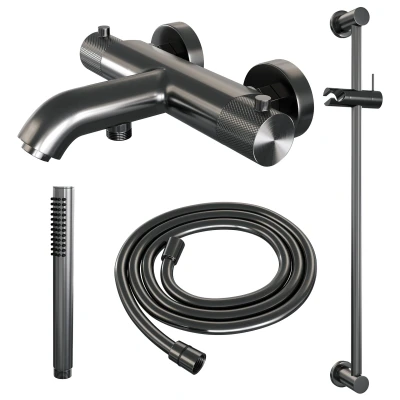 Afbeelding van BRAUER gunmetal Carving opbouw baddouche thermostaatkraan SET 01 met glijstang en staaf handdouche doucheslang geborsteld PVD