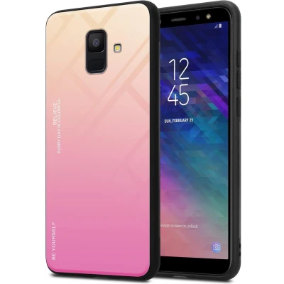 Afbeelding van Cadorabo Hoesje geschikt voor Samsung Galaxy A6 2018 in GEEL ROZE Tweekleurige beschermhoes van TPU silicone Case Cover en achterzijde gehard glas