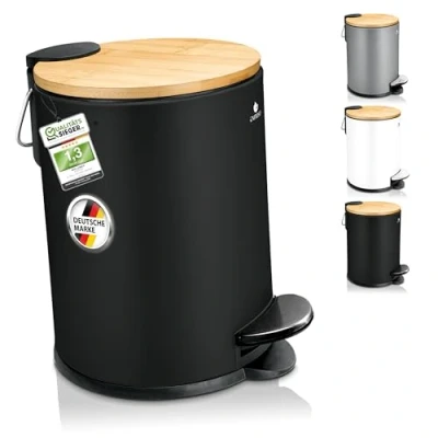 Afbeelding van EXITOSO afvalemmer voor badkamer, 3 l, met deksel, mini bamboe, pedaal, kleine badkamerprullenbak van hout, zachte sluiting, wc hout zwart