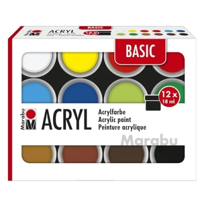 Afbeelding van Marabu 1210000000214 Basic acrylverf, 12 stuks, satijn, gemakkelijk te lakken, sneldrogend, lichtecht, weerbestendig, voor vele technieken