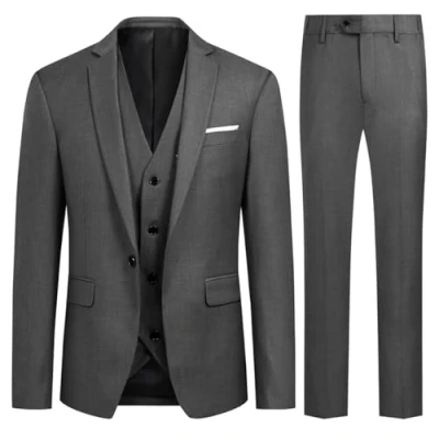 Afbeelding van Herenkostuum, 3 delig, smalle pasvorm, bruiloft, smoking, één knoopsluiting, jas, vest, broek, grijs.