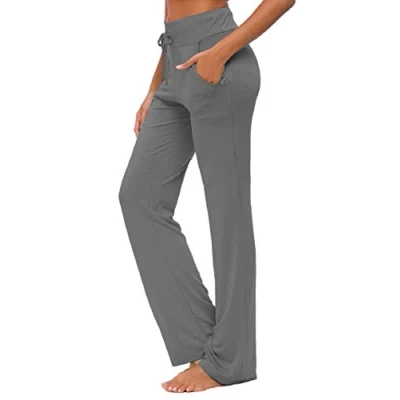 Afbeelding van Yogabroek voor dames met zakken, rechte pijpen, comfortabel, trekkoord, lange en actieve broek, Donkergrijs