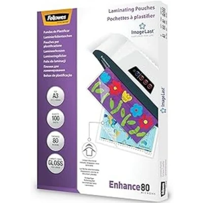 Image de Fellowes Pochette de Plastification 80 Microns Format A3 Pack 100 Feuilles Plastifieuse Finition Brillante Aspect Haute Qualité Technologie ImageLast Pour Photos Et Notices Enhance