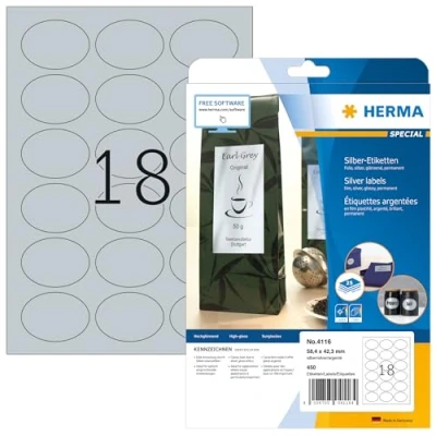 Afbeelding van HERMA Etiketten folie zilver 58.4x42.3 ovaal A4 LaserCopy