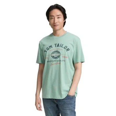 Image de TOM TAILOR T shirt pour homme avec logo imprimé en coton, 22577 Vert poussiéreux, L