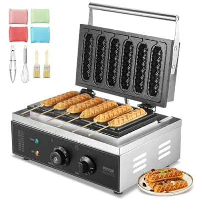 Afbeelding van VEVOR Commercieel wafelijzer 6 stuks 1500 W roestvrij staal anti aanbaklaag voor hotdogs maïs met temperatuur en tijdinstelling, restaurant, bakkerij, snackbar