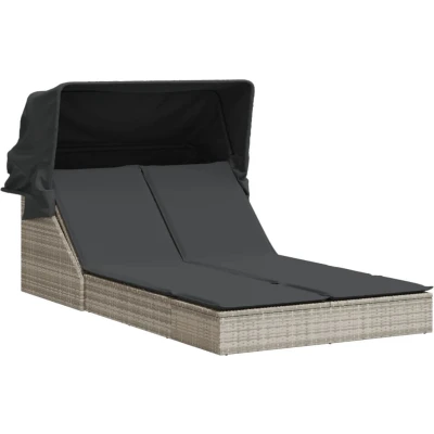 Afbeelding van Ligbed 2 persoons met luifel en kussens poly rattan lichtgrijs