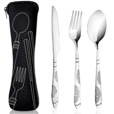 Afbeelding van 3 delig campingbestek, bestek van roestvrij staal, draagbare bestekset, staal met neopreen tas, ideaal voor reizen en kamperen