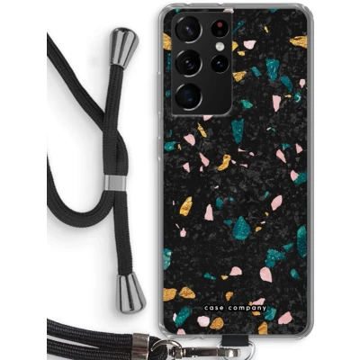 Afbeelding van Case Company® hoesje met Koord geschikt voor Samsung Galaxy S21 Ultra Terrazzo N10 Telefoonhoesje Zwart Bescherming aan alle Kanten en Over de Schermrand