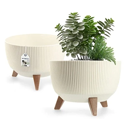 Afbeelding van KADAX Ronde bloempot van kunststof met drie steekhouders, voor balkon, woonkamer (Ø 33 cm, crème)