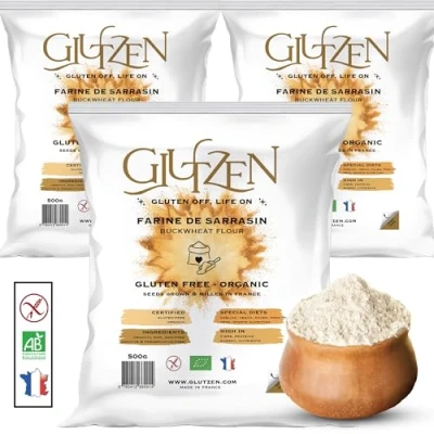 Afbeelding van Farine de Sarrasin Bio GLUTZEN. Compatible Machine à Pain, Pain Sans Gluten, Pizza, Pâtes Pancakes, Biscuits, Muffins. Cœliaque, IG Bas, Keto, Vegan, Allergènes. (3x500g)