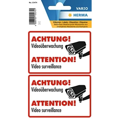 Afbeelding van HERMA 15474 set van 2 videobewakingsstickers weerbestendig 85 x 55 mm groot videobewakingsetiket duurzame folie voor buiten en binnen wit