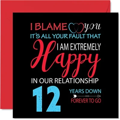 Afbeelding van Grappige kaart voor de 12e verjaardag echtgenoot en echtgenote Your Fault I&#039;m Extremely Happy wenskaart trouwdag partner, 145 mm x twaalfde