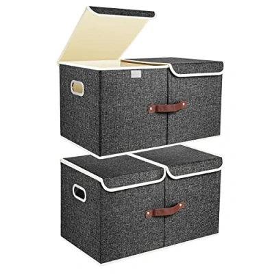 Afbeelding van TYEERS extra grote opbergdoos met vakken en deksels, van stof, opvouwbaar, wasbaar, 55 x 33 30 cm, 2 stuks, zwart