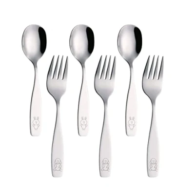 Afbeelding van Exzact Kinderbestek roestvrij staal 6pcs/ Kids vork en lepel set/peuter gebruiksvoorwerpen/bestek 3 x vorken, diner lepels hond &amp; konijn gegraveerd