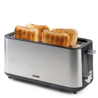 Afbeelding van DOMO DO967T Broodrooster 2 Extra Lange Sleuven Ingebouwd Broodjesrek 1350W RVS/Zwart