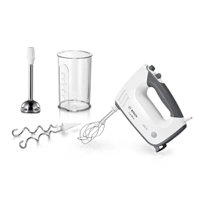 Image de Bosch ErgoMixx MFQ37470 Batteur manuel 750 W, pied mixeur, outils mélangeurs en acier inoxydable, 5 niveaux plus bouton turbo, blanc/gris