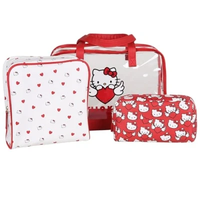 Afbeelding van Hello Kitty Rood en wit reisetui met rits, 3 stuks, verschillende maten