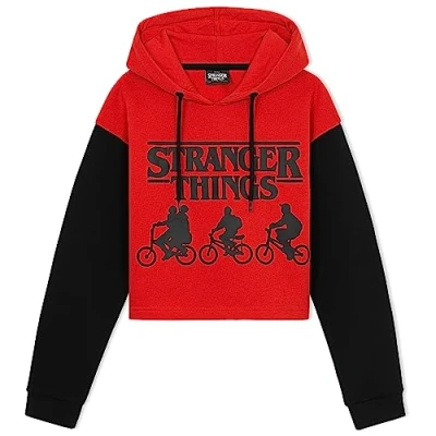 Afbeelding van Stranger Things Sweatshirt met capuchon voor meisjes, crop top, sweatshirt, kinderen, jongeren, mode, officiële kleding, tv serie, maten 9 16 jaar, katoen, Rood/Zwart