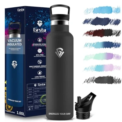 Afbeelding van Grsta Sportfles, 1 liter, roestvrij staal, lekvrij, sportfles met rietje, thermosfles, BPA vrij, voor fitness, outdoor, sport
